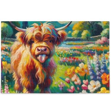 Imagem de Vaca Highland Engraçada Flores Primavera Personalizadas 1000 Peças Quebra-cabeça para Adultos Jogo de Quebra-cabeça Presentes Técnicos Legal Grandes Puzzles Decoração de Arte Animal, 75 cm x 50 cm