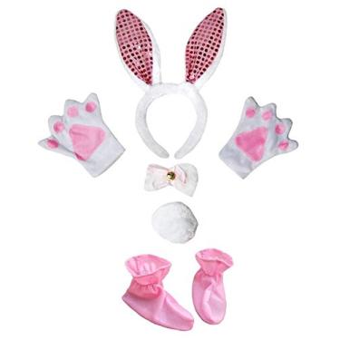 Imagem de Petitebella Tiara de orelha de coelho com laço e luvas de cauda 5 peças fantasia 1-5 anos (branco/rosa lantejoulas, tamanho único)