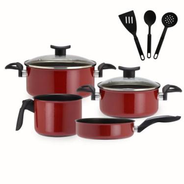 Imagem de Jogo De Panelas Indução E Gás Antiaderente Tampa Vidro 7 Pçs Vermelho 