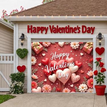 Imagem de Feliz Dia dos Namorados, decoração de porta de garagem, 2,4 x 2 m, balões de coração vermelho e rosa, presentes e flores, dia dos namorados, faixa de porta de garagem, pano de fundo para festa dos