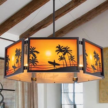 Imagem de TOCHIC Lustres pretos de fazenda para sala de jantar 71 cm, 6 luzes rústica tropical pôr do sol palmeira tambor luminária de teto, luminária pendente costeira para quarto, sala de estar, ilha de