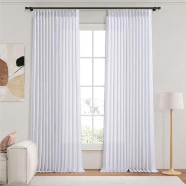 Imagem de Cortinas de linho branco de 227 cm de comprimento para sala de estar, cortinas plissadas com ganchos para sistema de trilha, aba traseira, mistura de linho, semitransparentes, cortinas de janela boho