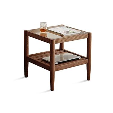 Imagem de U5GAAALPPQ9 Mesa lateral de café, mesa de centro minimalista moderna sala de estar quarto multifuncional 2 andares pequena mesa quadrada carvalho com mesa lateral de vidro (cor: A) (B)