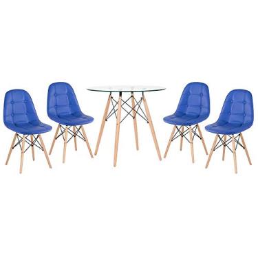Imagem de Loft7 Home Decor, Kit Mesa de vidro Eames 80 cm + 4 cadeiras Eames Botonê Azul