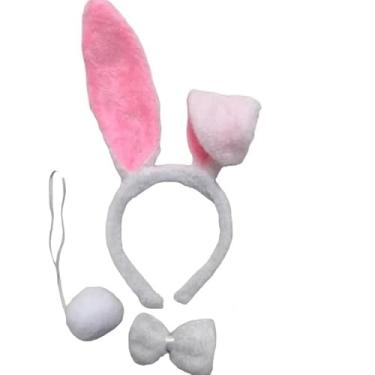 Imagem de Kit Fantasia Coelhinha Tiara/Gravata/Rabinho Coelho Branco com Rosa