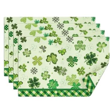 Imagem de comfoyar Jogo americano do Dia de São Patrício, conjunto de 4, tapetes antiderrapantes de linho, trevo da sorte, 30,5 x 45,7 cm, tapetes de mesa laváveis e absorventes para decoração de mesa de jantar