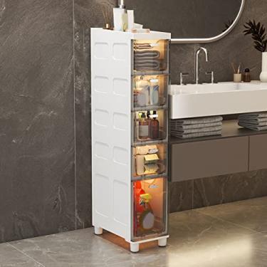 Imagem de Armário de banheiro fino com rodízios de gavetas de plástico transparente - Armário de armazenamento de papel higiênico de grande capacidade para espaços pequenos - Armário de piso estreito alto e