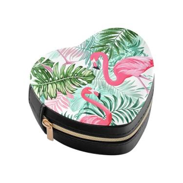 Imagem de Burbuja Flamingos Caixa de joias em forma de coração com folhas verdes mini estojo de joias de viagem para mulheres e meninas, estojo portátil organizador de armazenamento para brincos, anéis, colares