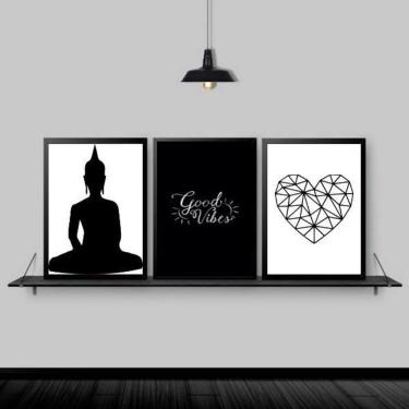 Imagem de Quadros Zen Buda Good Vibes Moldura Preta 24X18Cm 3 Peças