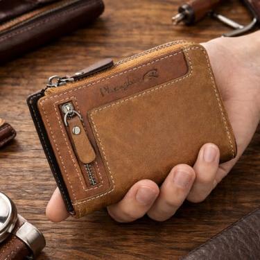Imagem de Carteira masculina retrô curta com zíper grande capacidade carteira de couro PU presente para homens, Marrom escuro, 3.74"x4.92", Casual