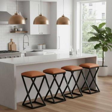 Imagem de Kit 4 Banqueta Banco Baixa Bancada 50 Cm Cozinha Bar Corino Caramelo