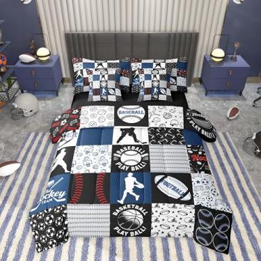Imagem de Feelyou Jogo de cama solteiro de futebol americano, beisebol, futebol, 7 peças, para crianças, adolescentes, amantes de esportes, presente, basquete, hóquei no gelo, decoração de quarto, azul marinho