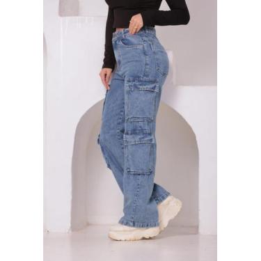 Imagem de calça feminina wide leg cargo jeans 4 bolsos na perna - Kf, Marmorizad