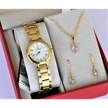 Imagem de Relogio Champion Feminino Pequeno Dourado Com Numeros Ch26944w + Kit Semi Joia