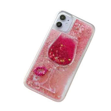 Imagem de ZiEuooo Capa de telefone transparente brilhante de vidro de vinho tinto de areia movediça criativa para iPhone 13 12 11 Pro Max Mini X XS XR 8 7 6 6S Plus Shell, capa traseira cintilante macia (13, vermelho)