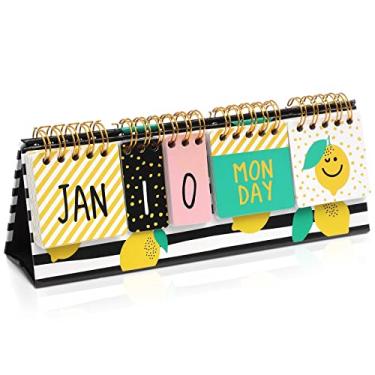 Imagem de Paper Junkie Calendário Lemon Perpetual Flip para mesa de escritório, material de sala de aula, calendário de mesa com exibição de dia, data e mês para planejamento, casa, decoração de cozinha (20 x 8