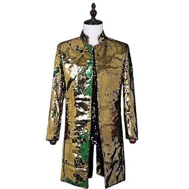 Imagem de Blazer longo masculino de lantejoulas slim fit festa terno de dança jaqueta gola alta casaco casamento noivo roupas jantar exterior leve, verde, M busto: 94 cm)