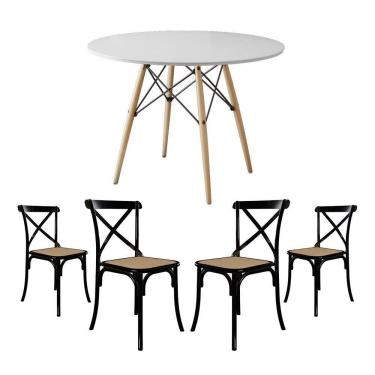 Imagem de Conjunto De Mesa Eiffel Redondo Tampo De Madeira 90Cm Branco Com 4 Cadeiras Katrina Preto