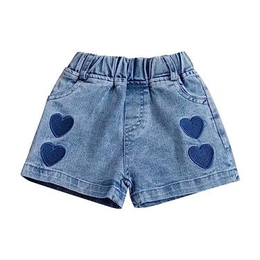 Imagem de Shorts de vôlei infantil bordado com estampa de amor e cintura elástica shorts jeans com bolsos 2t shorts de futebol para meninas, Azul, 3-4 Anos