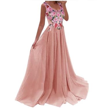 Imagem de UIFLQXX Vestido longo feminino plus size de renda patchwork estampado cor sólida vestido longo vestido de convidado vestido de baile, Rosa, GG