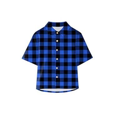 Imagem de Pacote pequeno ocidental para bebê menino roupas xadrez letras impressas camisas manga curta abotoada lapela camisetas, Azul, 13-14 Anos