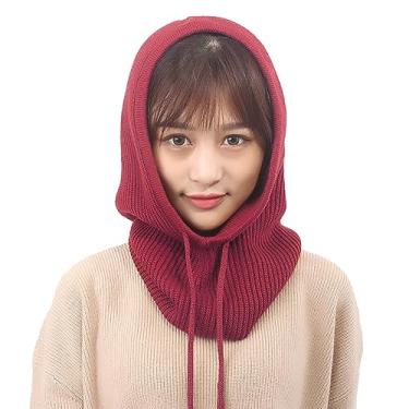 Imagem de Chapéus de inverno para mulheres, cachecol com capuz para mulheres balaclava máscara de esqui gorro gorro gorro masculino pescoço orelhas aquecedor, Vinho tinto, Tamanho Único