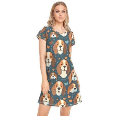 Imagem de CHIFIGNO Vestido de noite feminino macio estampado camisola camisola para mulheres camisas de noite de desenho animado, Cachorros Beagle de desenho animado, P