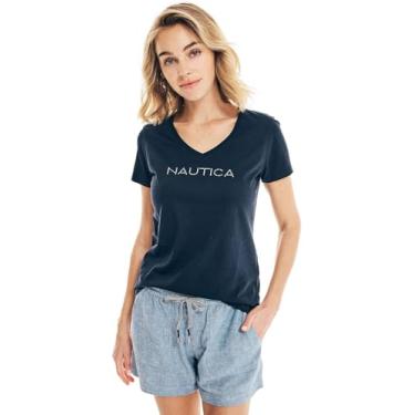 Imagem de Nautica Camiseta feminina Easy Comfort Supersoft 100% algodão clássico logotipo, (Coleção com decote em V 2024) Marinho francês, PP