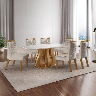 Imagem de Mesa de Jantar Nuance 180x0,90cm 6 Cadeiras Modernas Atena Castanho Cinamomo/Pena Bege/Off White