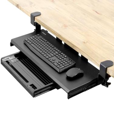 Imagem de VIVO Bandeja de teclado grande sob a mesa com gaveta de lápis, suporte de braçadeira C extra resistente, 27 (33 incluindo braçadeiras) x bandeja deslizante de 28 cm com gaveta de armazenamento, preta, MONT-KB05-4D