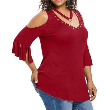 Imagem de Camisetas femininas com gola V, manga curta, meio sino, ombros vazados, recortadas, blusas femininas 2024, W-447 Vermelho, 4G