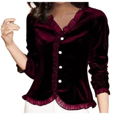 Imagem de Tops femininos outono inverno manga curta gola V veludo elegante franzido blusas camisas femininas 2024, C-941 Vinho vinho vinho, G