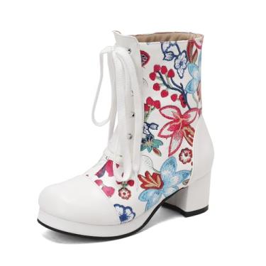 Imagem de MDybf Botas femininas pretas curtas botas brancas cano curto sapato cadarço estampado floral salto médio outono primavera bota 5-10, Branco, 36