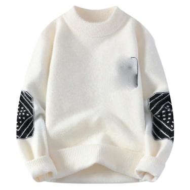 Imagem de MQMYJSP Suéter masculino outono inverno suéter de lã gola redonda pulôver de malha camisa inferior combinando com todas as cores, Branco marfim, X-Large