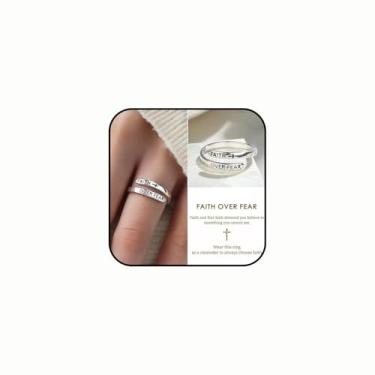 Imagem de Anel de cruz Faith Over Fear para mulheres, Christian Blessed Hope Love Encouragement Ring Adjustable Open Wrap Thumb Cross Anel inspirador joia formatura coquetel festa para adolescentes meninas