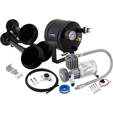 Imagem de Vixen Horns Kit de buzina de trem para caminhões/carros/semi. Sistema integrado completo - Compressor de ar de 150psi, tanque de 1,4 litro, 3 trompetas. Super alto dB. Serve para veículos como