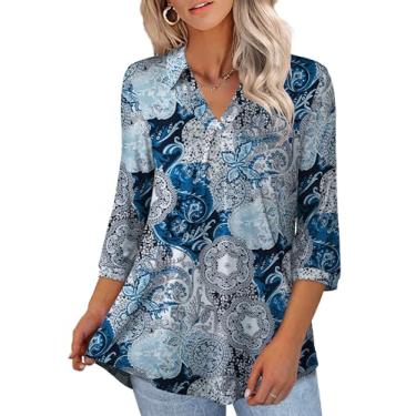 Imagem de U.Vomade Blusas femininas de verão, gola V, botões, plissadas, rodadas, plus size, M-4GG, X1-flor azul-preta - manga 3/4, 3X