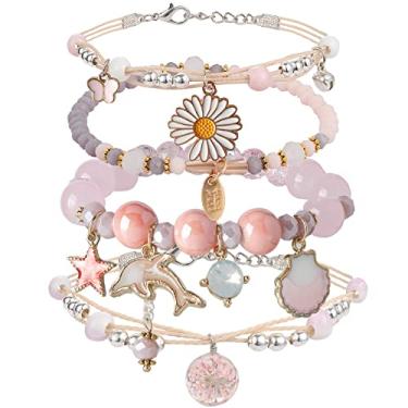 Imagem de 4 peças de pulseiras de contas para meninas adolescentes DS delicado bonito desenho animado contas de cristal pérolas conjunto de tornozeleiras para mulheres e meninas pulseira elástica ajustável presente de aniversário para amigos, Sem pedras preciosas