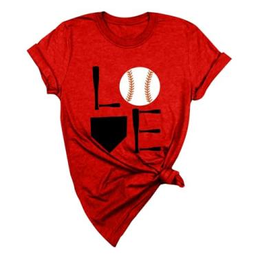 Imagem de Duobla Camiseta feminina de beisebol estampada moderna verão casual tops soltos manga curta camiseta básica bonita 2024 moda, Vermelho, G