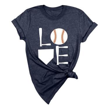 Imagem de Duobla Camiseta feminina de beisebol estampada moderna verão casual tops soltos manga curta camiseta básica bonita 2024 moda, Azul marino, M