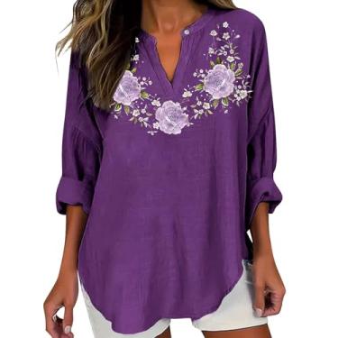 Imagem de Camisetas femininas de conscientização de Alzheimers 2024 verão oversized Henley gola V camiseta casual blusa gráfica flor roxa, Roxa, G