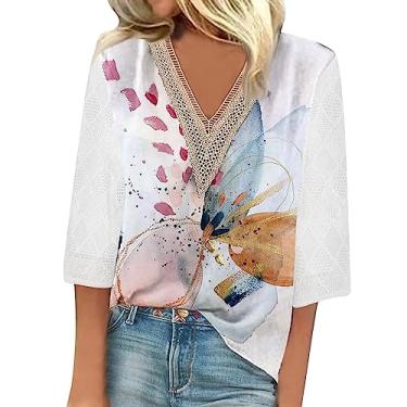 Imagem de Camisetas femininas de verão manga 3/4 com decote em V floral 2024, camisetas femininas casuais com acabamento em renda, blusas femininas elegantes e casuais, Multicolorido 39, GG