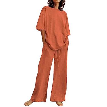 Imagem de Conjunto de duas peças de linho feminino casual de verão plus size, camisas de manga curta, tops grandes, algodão, pernas largas, conjunto de roupa de descanso, Zb1-laranja, 3X-Large