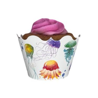 Imagem de Pacote com 12 embalagens de cupcakes para festa de água-viva - Recife de coral de sereia pastel "sob o mar" lembrancinhas de aniversário, Peixe de gelatina, Decoração de chá de bebê azul escuro, Dec