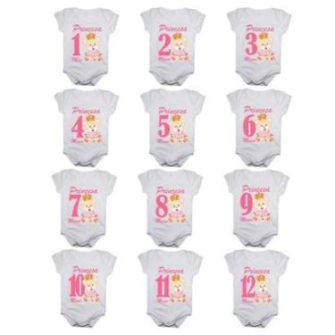Imagem de Kit 12 Body Bebê Calupa Mesversario Manga Curta Ursinha Princesa 1 A 12 Meses Feminino-Feminino