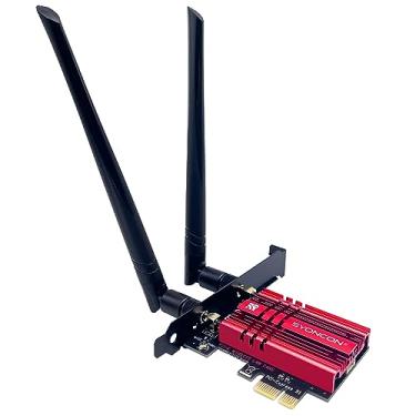 Imagem de SYONCON Placa WiFi 6E AXE5400 PCIe WiFi Intel AX210 Chipset com adaptador Bluetooth 5.3 Tri-Band 2.4G/5G/6GHz 5374Mbps PCI Express placa de rede sem fio para PC desktop Windows 10/11 (vermelho)