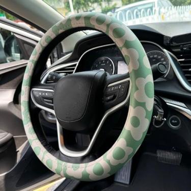 Imagem de Capa de volante vintage Groovy Flowers de couro para carro - microfibra universal de 38 cm - macia e respirável e de silicone antiderrapante para volante automático para mulheres (verde sálvia)