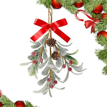 Imagem de Decoração de visco de Natal, frutas vermelhas, enfeites de bola de Natal, pinhas naturais, bola de beijo, folha seca artificial, decoração pendurada, erva de visco para árvore de porta
