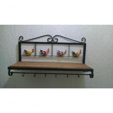 Imagem de Prateleira Cozinha Ferro Galinhas Madeira 60 Cm Largura