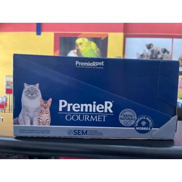 Imagem de caixa com 20 sachês Premier Gourmet Gatos Adultos Atum 70G